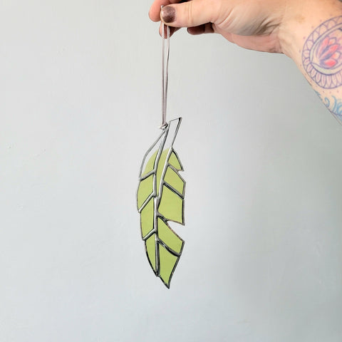 Fused Green and Clear Glass Feather