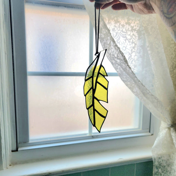 Fused Green and Clear Glass Feather